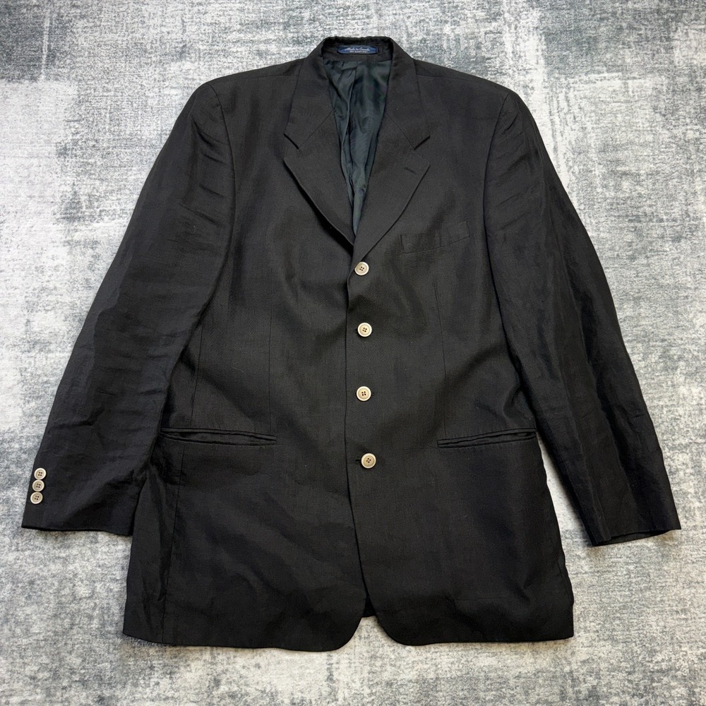 VTG Chaps Ralph Lauren Blazer Jacket Mens 42L Black Linen Four Button Sport Coat